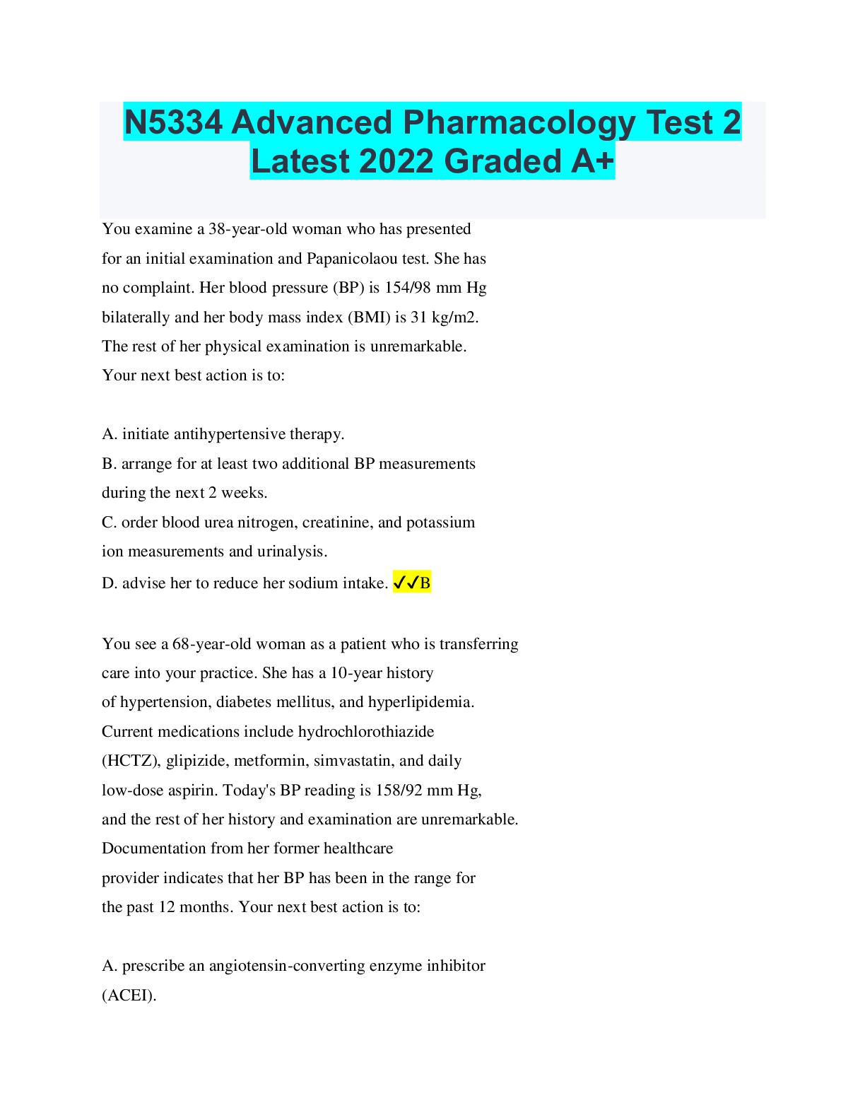 Preview of N5334 Advanced Pharmacology Test 2 Latest 2022 Graded A+